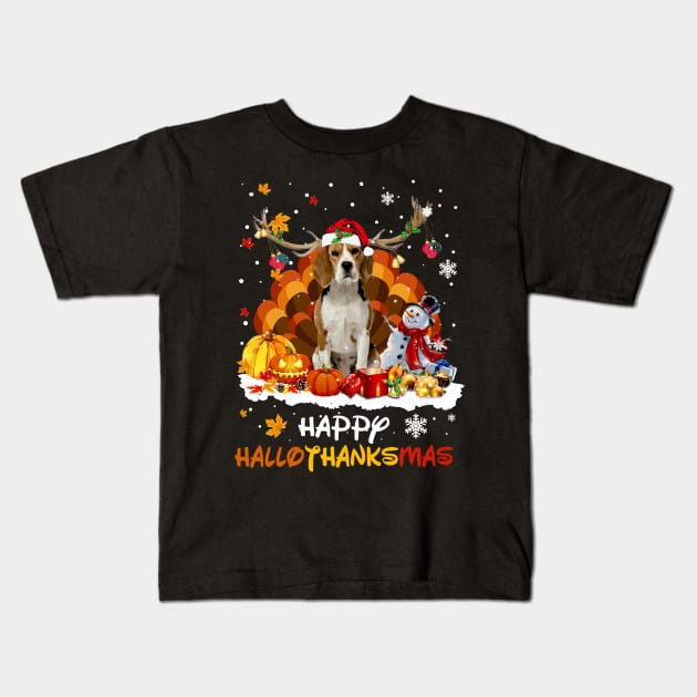 Beagle Reindeer HalloThanksMas Halloween Thanksgiving Xmas Kids T-Shirt by cogemma.art